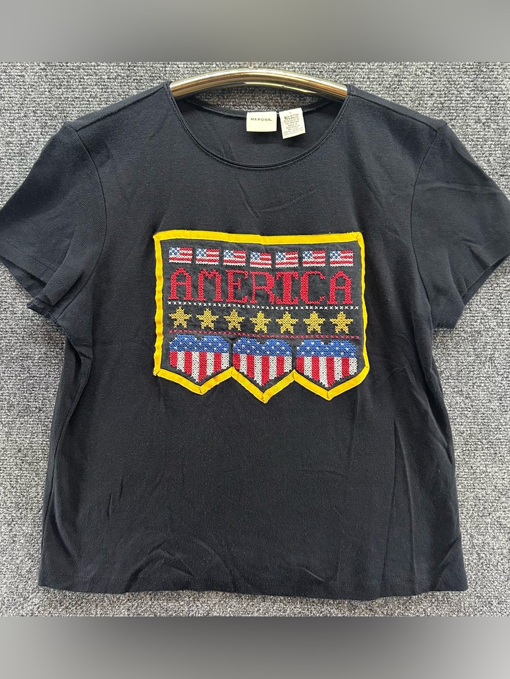 Patriotic Shirt Large Black Cross Stitch USA Flag ‘America’ Red White Blue Stars